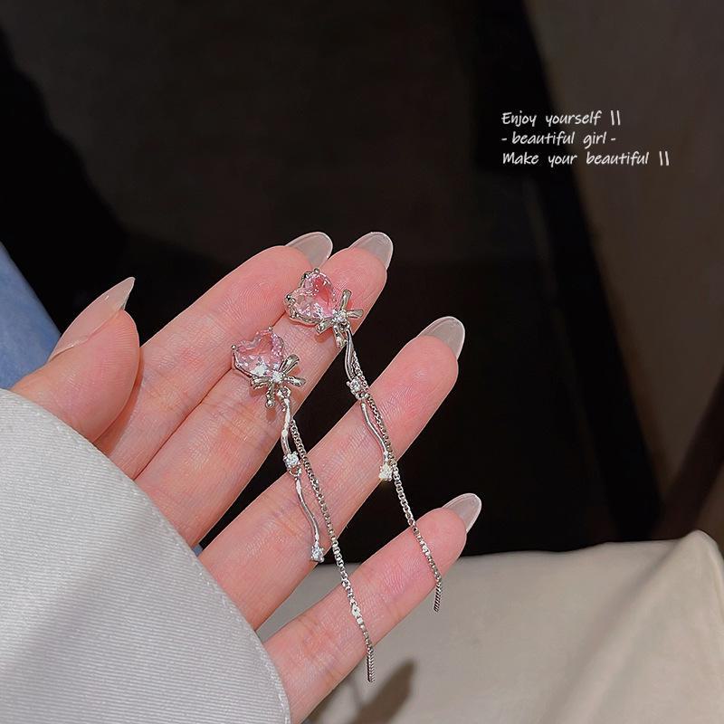 Sweet Pink Zircon Heart Earrings with S925 Silver Needle and Long Tassel Bow Design