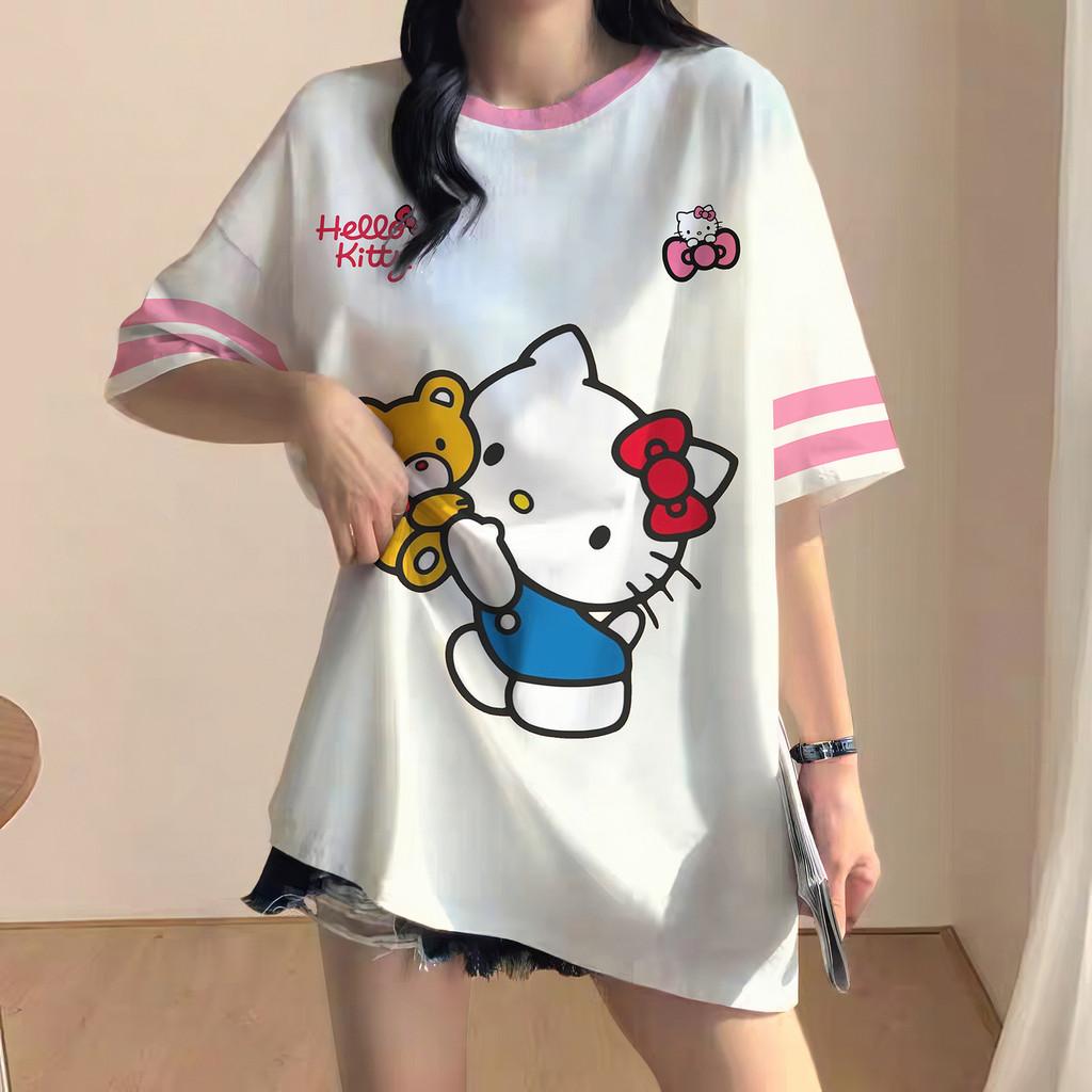 Korean style loose-fitting T-shirt, Hello Kitty soccer T-shirt, sports T-shirt, streetwear.