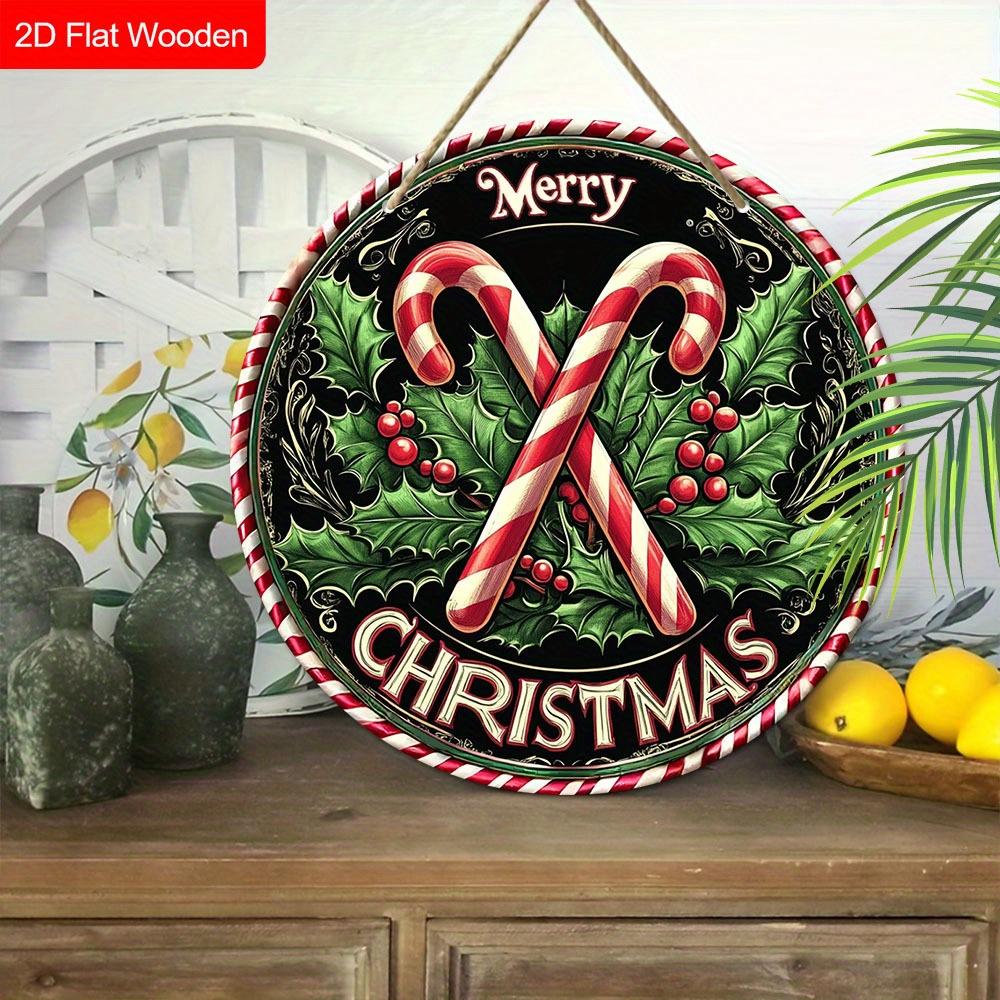2D Flat 1pc Christmas ‘'Cane Sugar Greens’' Logo Wooden Sign Decoration, Front Door Embossed Effect Wall Decoration, Suitable for Home, Garden Patio