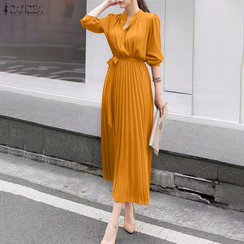 ZANZEA Kobiety Casualowa Sukienka z Okrągłym Dekoltem w Jednolitym Kolorze z Długim Rękawem i Luźnym Krojem