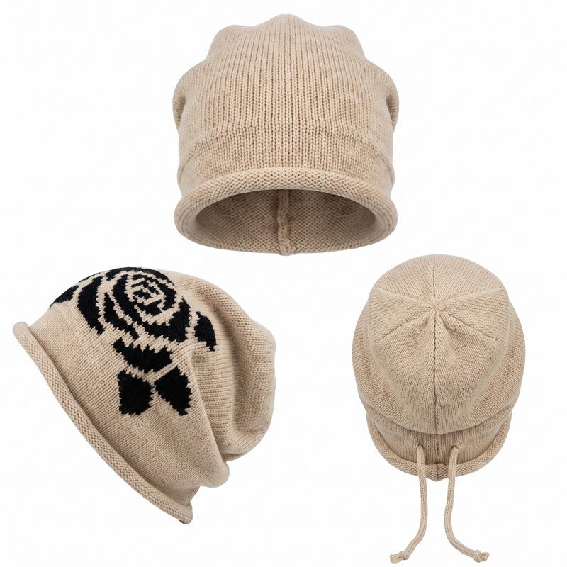 Rose Jacquard Pile Hat Autumn and Winter Velvet Warm Knitted Hat Showing Face Small Wool Hat Ear Protection Hat Women's