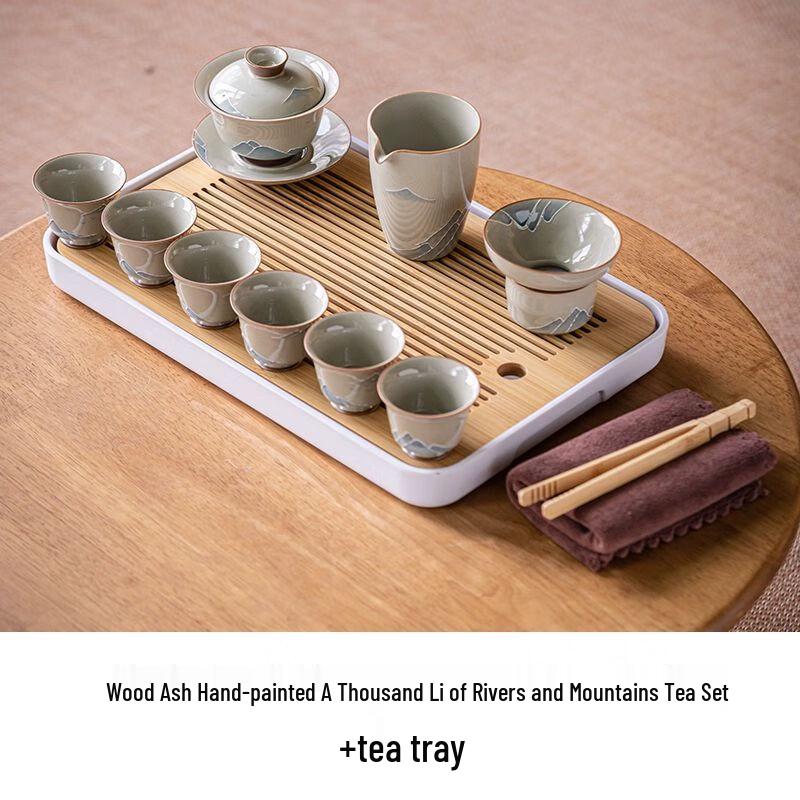 Qianyu Hand-Painted Landscape Ash Gray Ceramic Gongfu Tea Set Hand-painted Landscape Gaiwan Set + Tea Tray