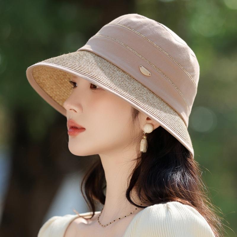 Sun Protection Hat Women'S High-End Sense Elegant Splicing Straw Bucket Hat Outdoor Sun Protection Cover Hat Lafite Straw Hat