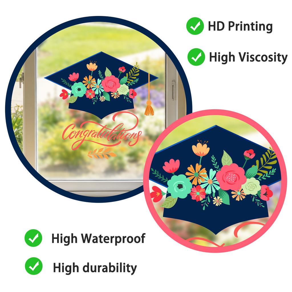 Static Cling Graduation Season Floral Graduation Cap Window Stickers for Living Room Balcony French Door Decor