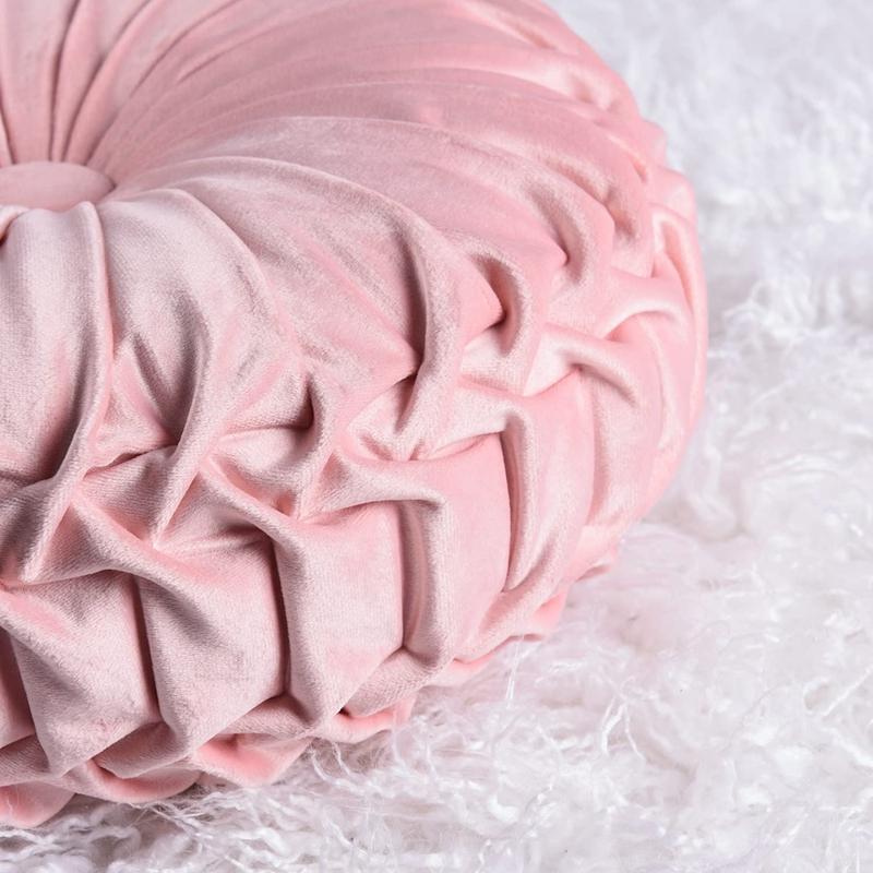 Round Pleated Throw Pillow Soft Velvet Decorative Plush Round Pillow Seat Cushion Decorative Pillows For Bed Couch Chair Cream