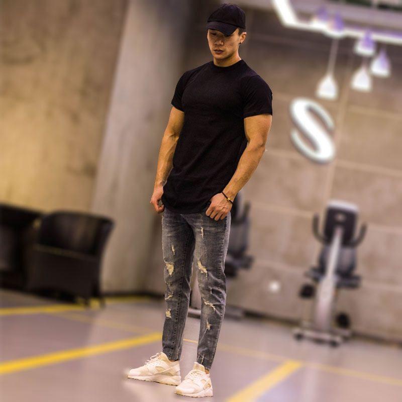 High Street European and American Men's Muscle below the Hip Brother Short Sleeve T-shirt