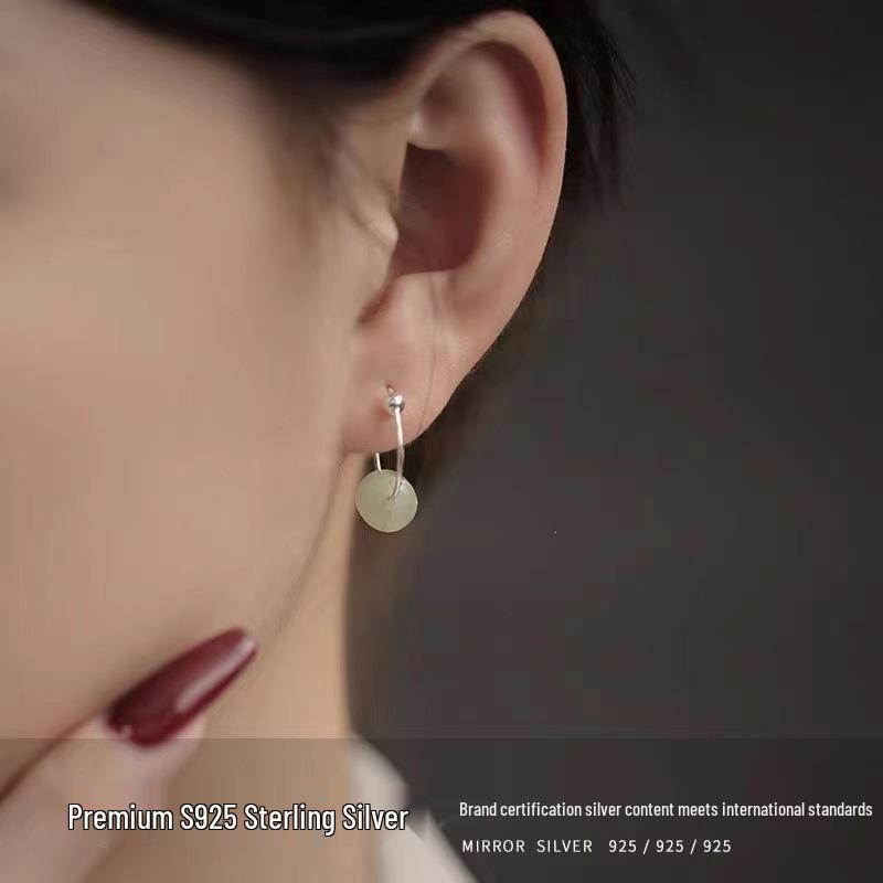 Exquisite Chinese-Style 925 Sterling Silver Hetian Jade Hoop Earrings for Women