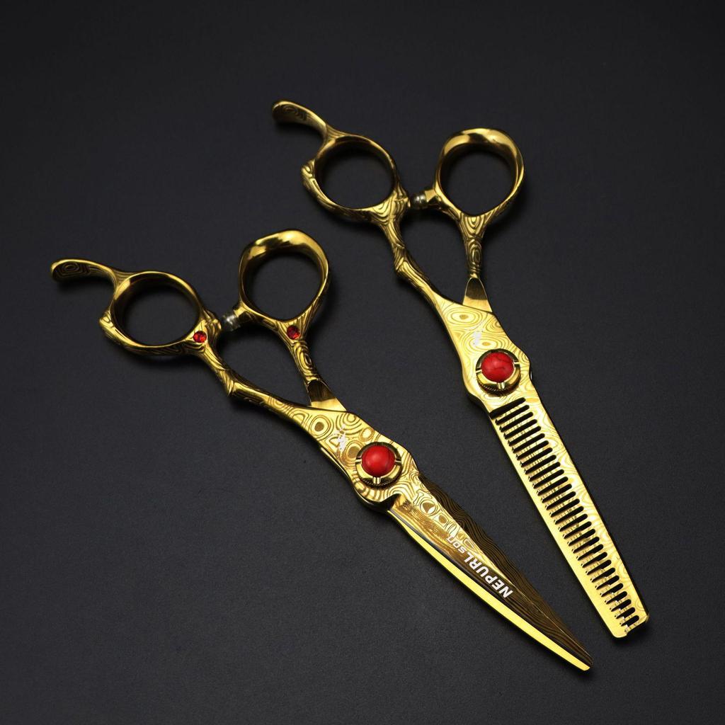 Gold Floral Damascus 6.0" Hairdressing & Barber Scissors - Serrated & Thinning