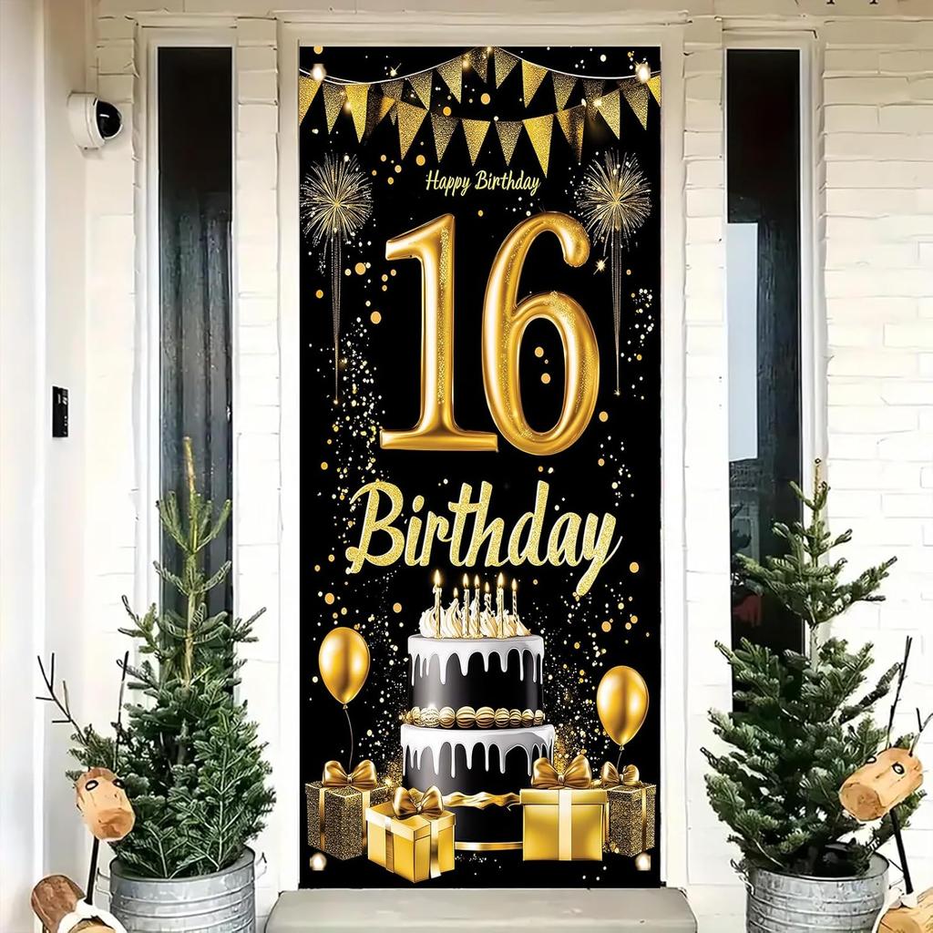 18th Birthday Door Cover Decoration 71 x 35 Inch Black and Gold Cake Banner with Balloons and Gifts for Eighteenth Birthday Party Supplies Happy 18