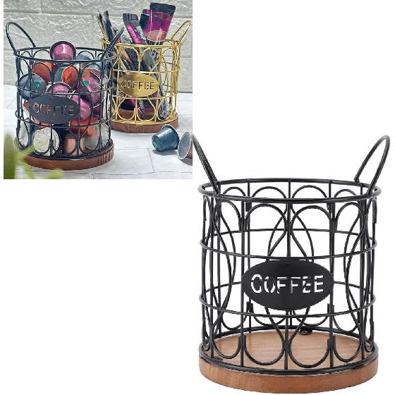 Coffee Pod Basket, Decorative Round Wire Capsule Holder with Wooden Base, Proof Metal Construction, Weighted Base, For Cafe Kitchen (Black)