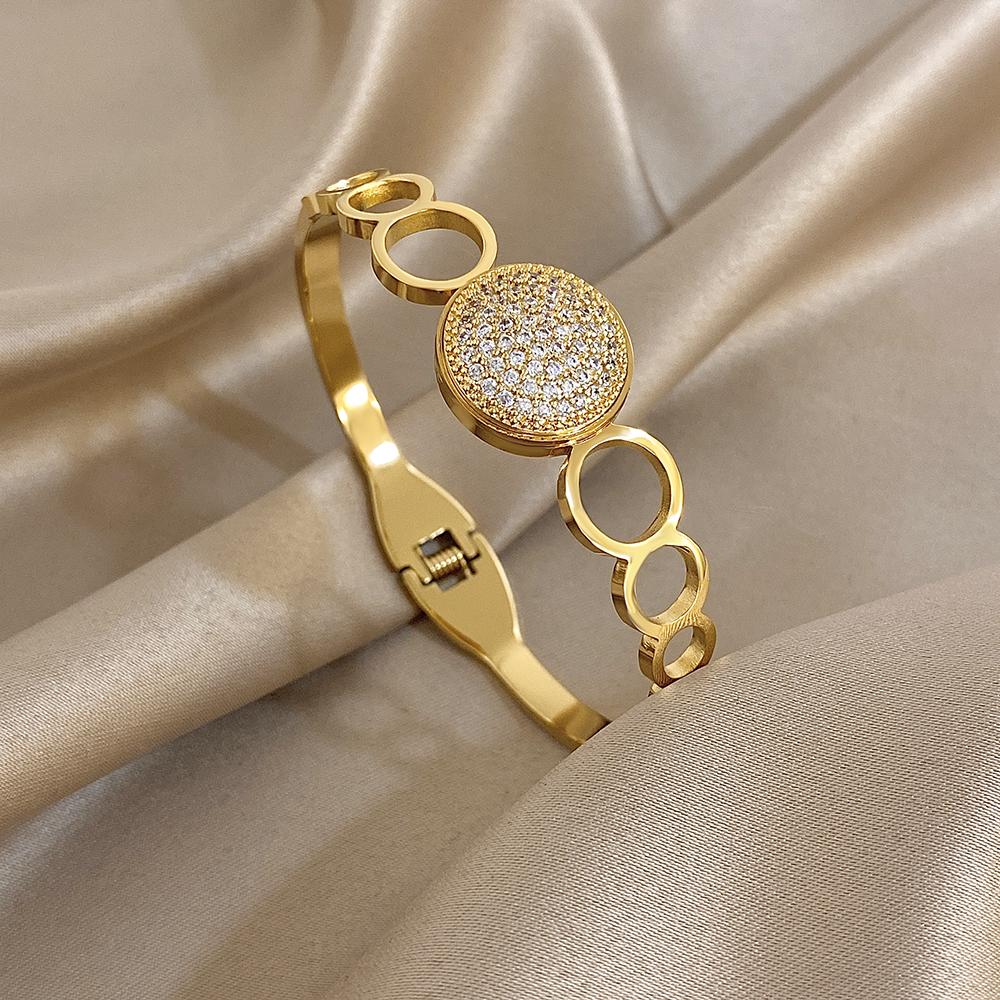 New Stainless Steel Waterproof Cuff Bracelet Bangle for Women Exquisite Shiny Inlaid Zircon Geometric Stacked Jewelry Gifts