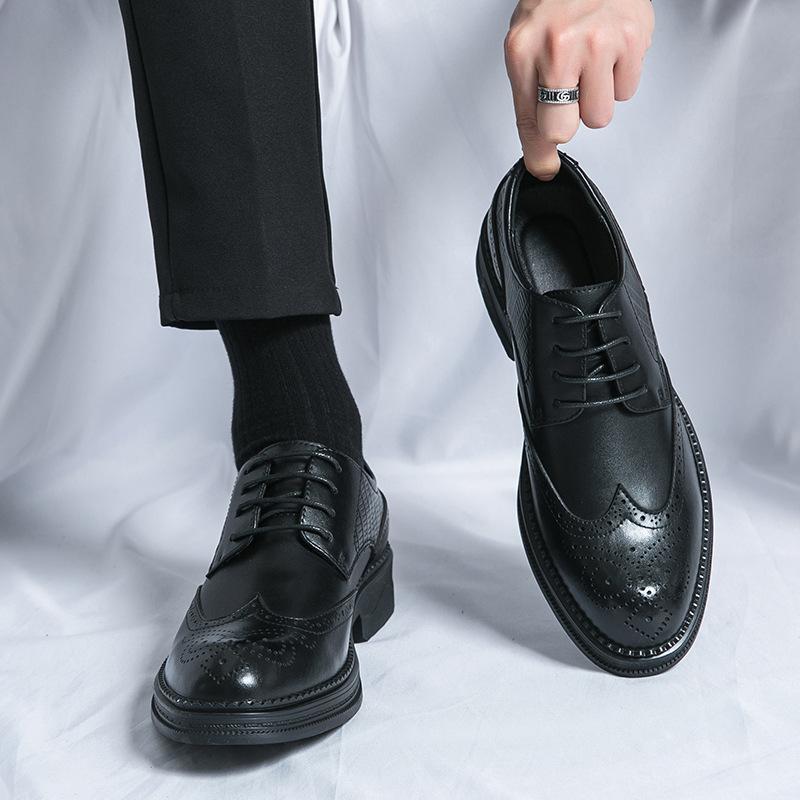 Brock Carved Leather Shoes Black Men's Shoes British Derby Shoes Groom Wedding Business Dress Casual Leather Shoes