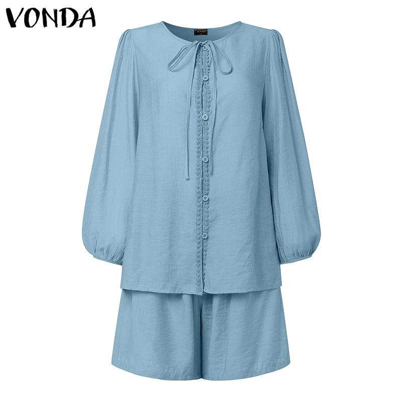 VONDA Two Pieces Women Crochet Hem Buttons Blouse Elastic Waist Shorts Outfits