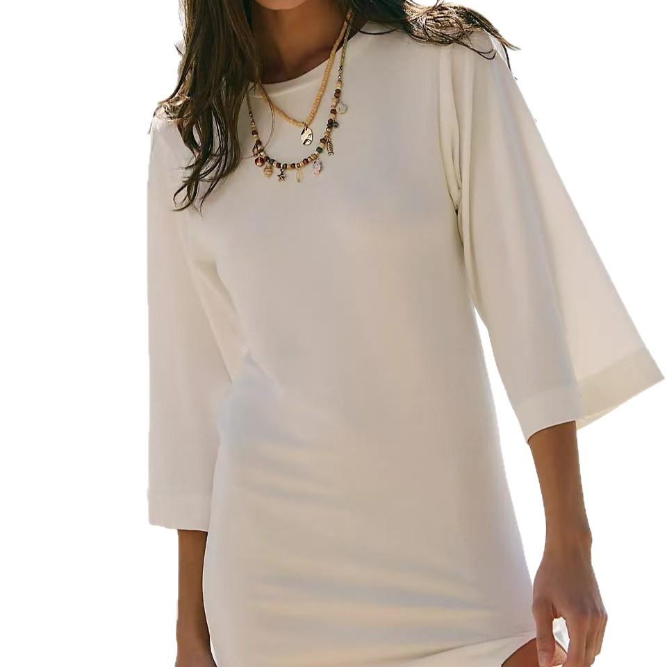 

New Autumn and Winter Women s Fashion and Casual Solid-color Round-neck Three-quarter Sleeve Dress 2XL белый