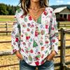 Women's Casual V-Neck Long Sleeve T-Shirt with Festive Christmas Graphic Print