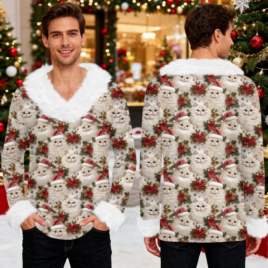 Męska bluza z kapturem z nadrukiem świątecznym, podszyta polarem | Sweter imprezowy z imitacją obszycia i kieszenią | Duży rozmiar, luźny krój, świąteczny pulower