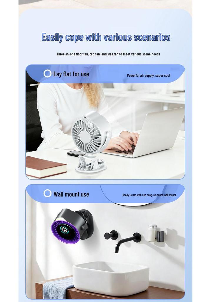 Clip-On Silent Fan with USB Charging & 100 Speed Settings for Desktop/Wall Mount