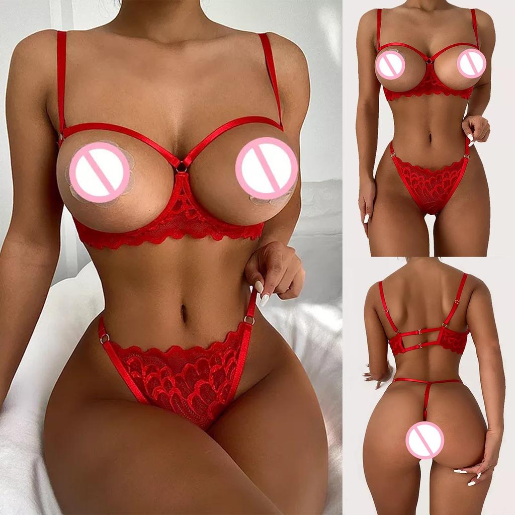 Women's Sexy Solid Color Leakage Lace Bra See-Through Underwear Split Set