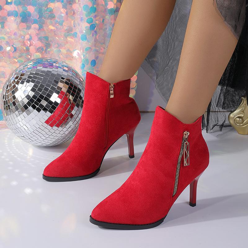New thin-heeled mid-heeled pointed fleece boots and bare boots in autumn and winter, short tube, solid color high heel.