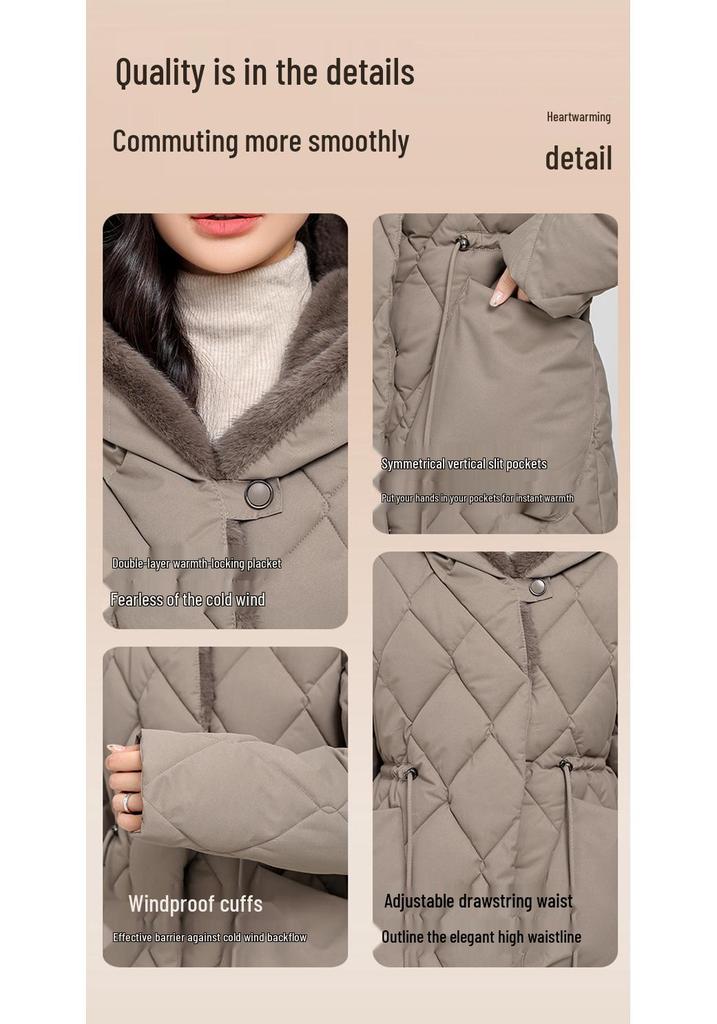 European Women's Mid-Length Hooded Cotton Jacket - 2026 Style, Loose Fit, Waist-Cinched, Fleece-Lined, Diamond Pattern, Thickened for Warmth