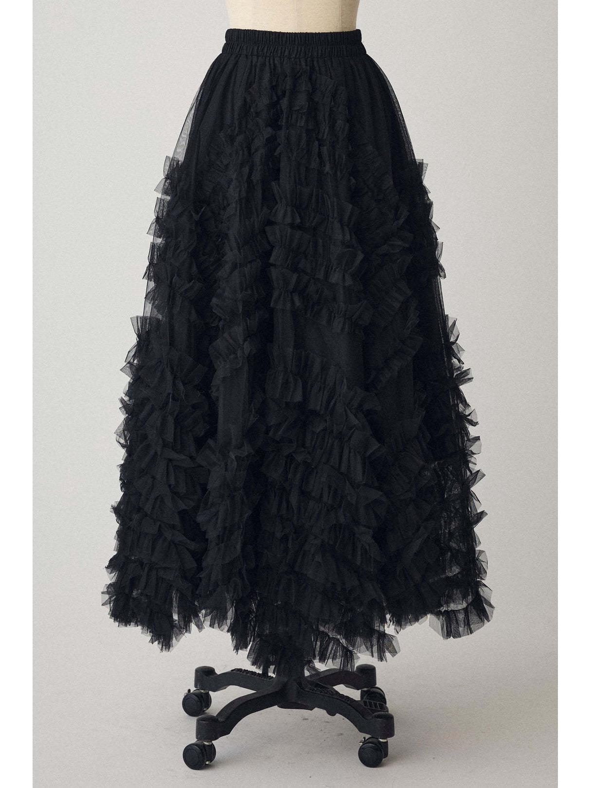 

Elegant A-line Ruffle Lace Maxi Skirt - Versatile Puffy Long Hem Design One Size чорний