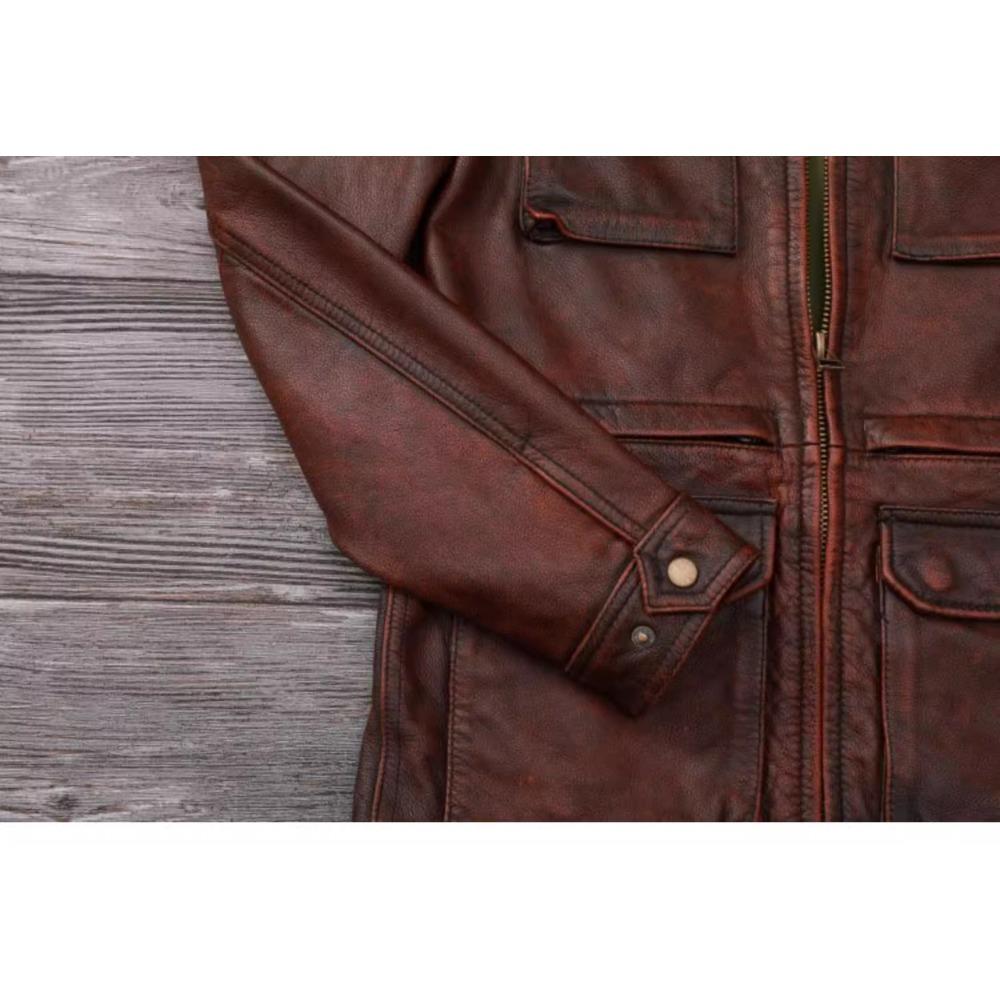Chinese Size Vintage Red Brown Men Leather Jacket M65 Hunting Flight Jacket Genuine Cowhide Coat Autumn