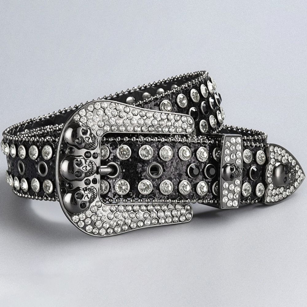 Skull Buckle Rhinestone Studded Belt Trendy Waistband  Jeans Short Skirt Women Men Accessories