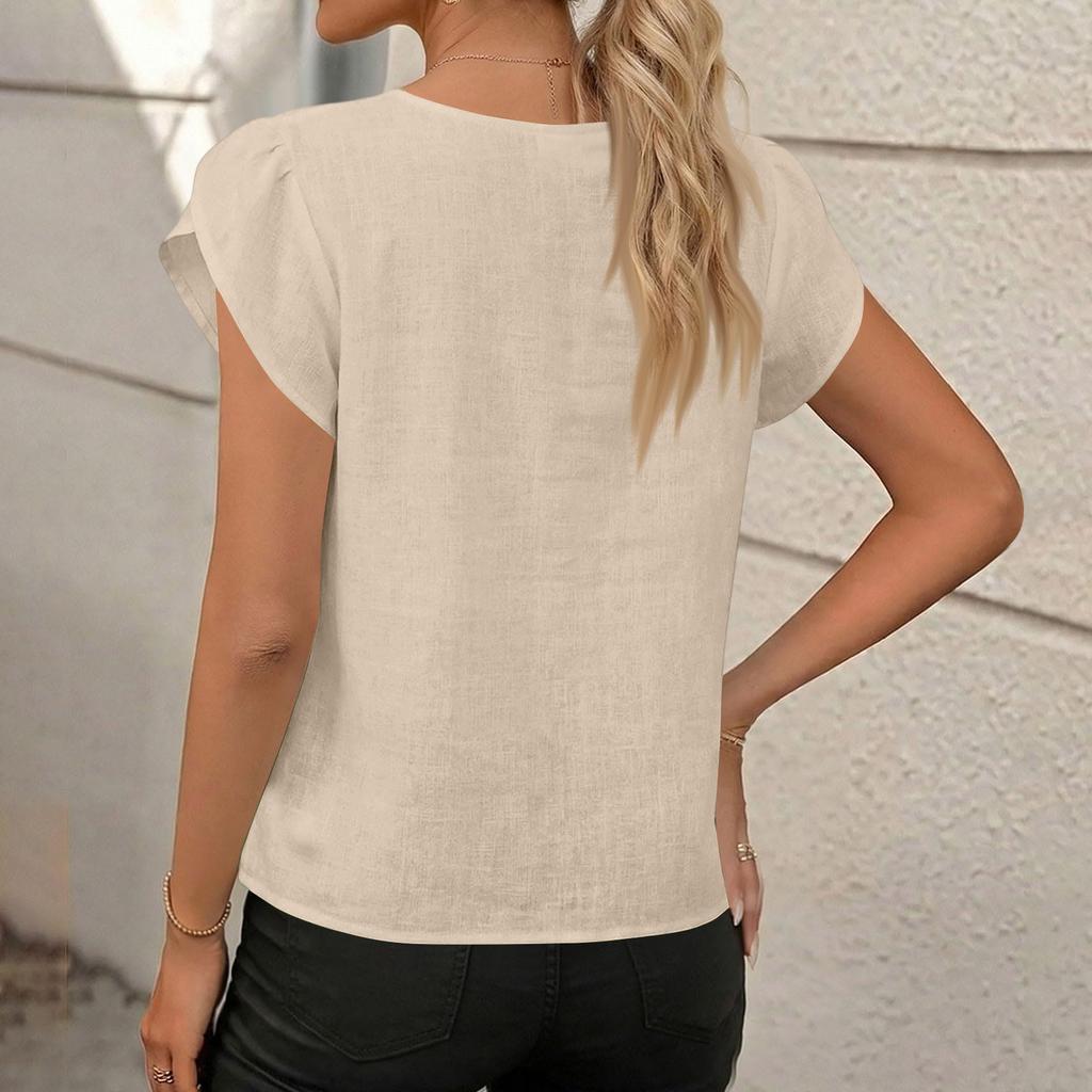 Womens Cotton Linen Tops Asymmetric Neck Short Sleeve Shirts With Buttons