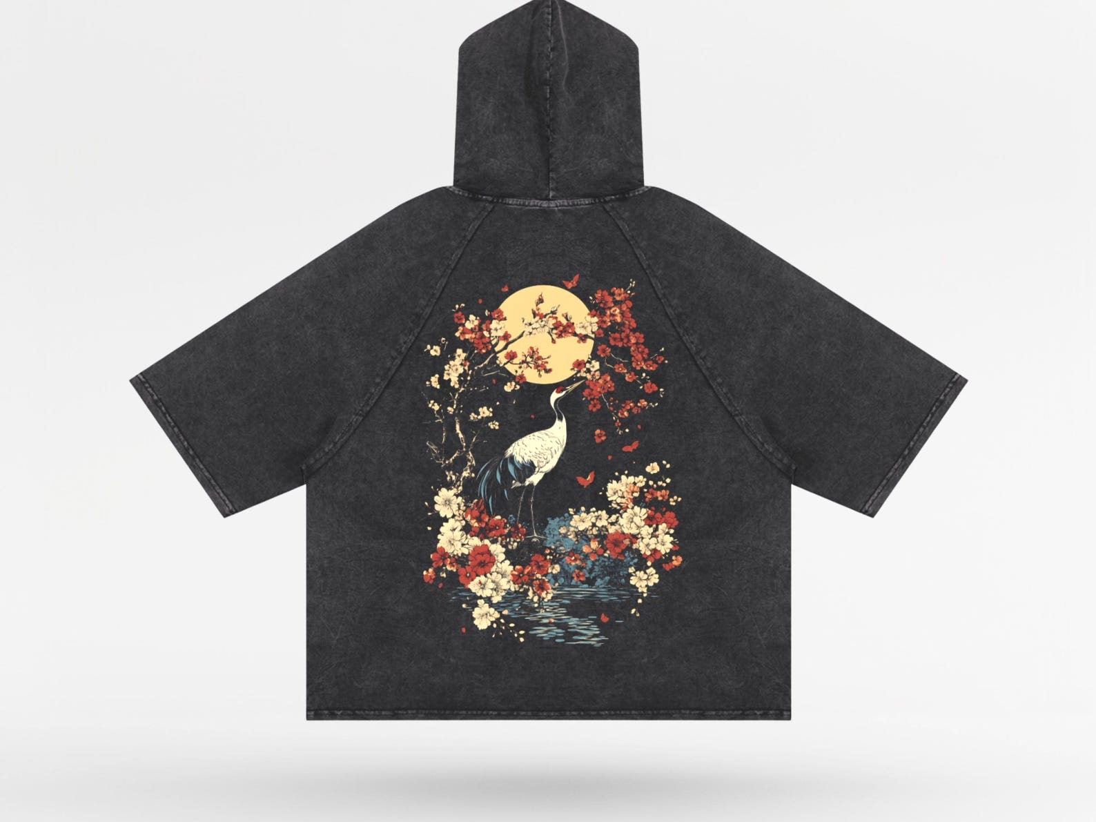 PREMIUM Japanese Garden Snow Washed Hooded Boxy T-Shirt, Crane, Sakura, Zen Japanese Streetwear, Traditional Tokyo Print 3XL