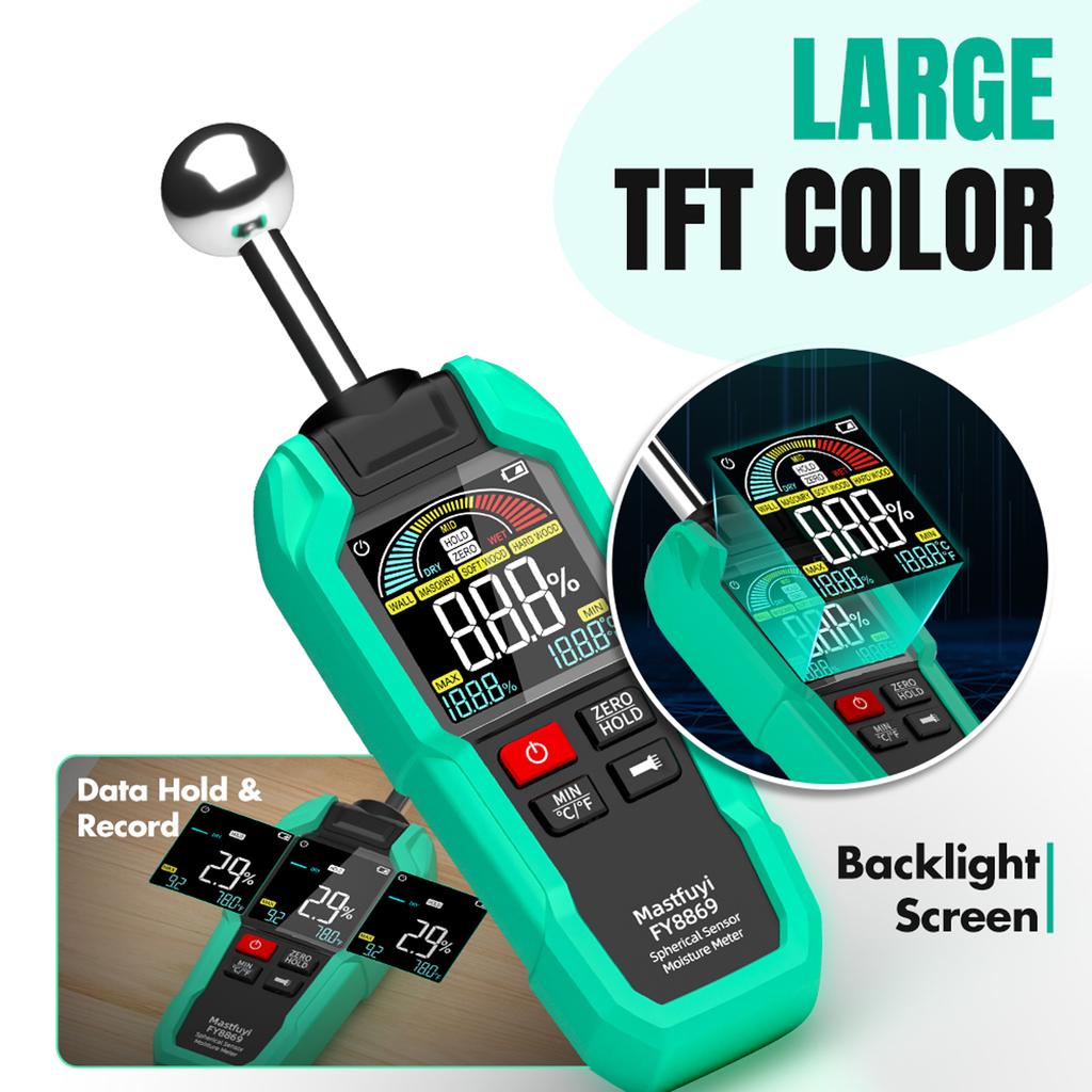 Green Pinless Wood Moisture Meter FY8869 Rechargeable Non Destructive Tester 0 100 RH 5 40mm Depth for Lumber Drywall