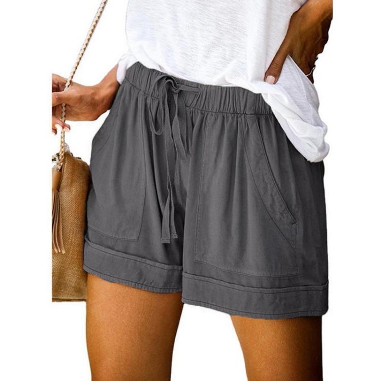 Women Summer Casual High Waisted Elastic Drawstring Shorts with Big Pockets Solid Lace Up Loose Wide Leg Pants