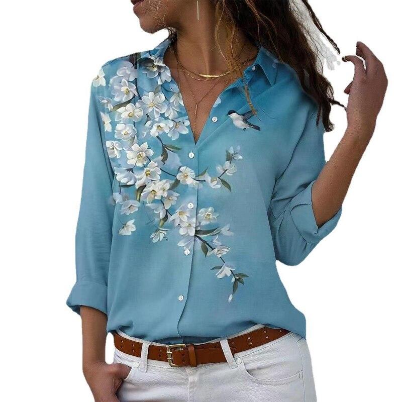 Ležérní Slim-Fit Halenka s knoflíky Jarní límec s potiskem květin Košile Módní Topy s dlouhým rukávem Dámská Blusa Feminina 26264