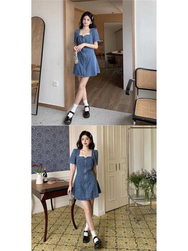 2025 Summer Women's Lace Denim Short Dress - Age-Reducing Design, Slimming Tummy Control, Thin Style