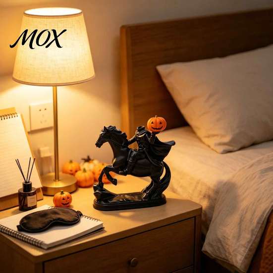 Horseman Riding Horse Statue Halloween Headless Statue, Gothic Knight Black with Window Display Props Pumpkin Lantern, Spooky Resin Festive Decor for