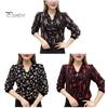 Women Tie Shirt V-neck Long Sleeve Pullover Tops Printing Faux Pearl Loose Fit Blouse Plus Size Streetwear