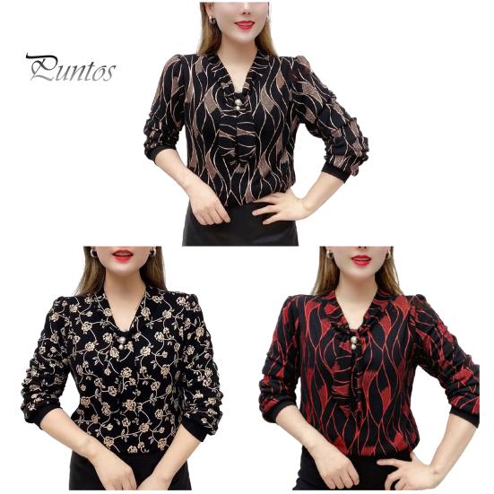Women Tie Shirt V-neck Long Sleeve Pullover Tops Printing Faux Pearl Loose Fit Blouse Plus Size Streetwear