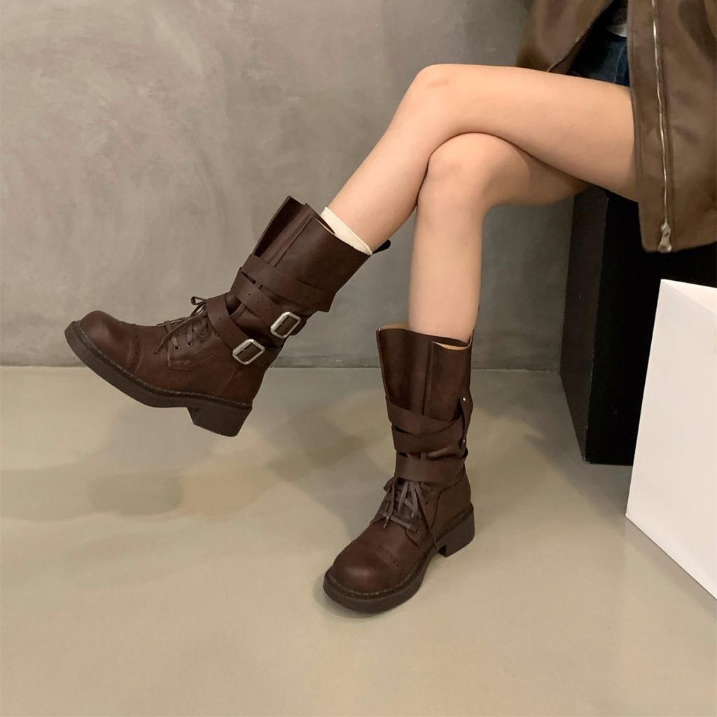 Svart brittisk Martin-känga med tjock sula damkängor 2025 höst retro brun Maillard mellanhöga riddarstövlar