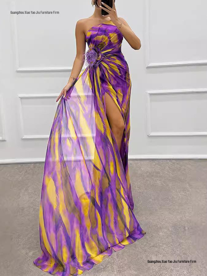2026 European Chiffon Printed Split Long Casual Party Dress for Women