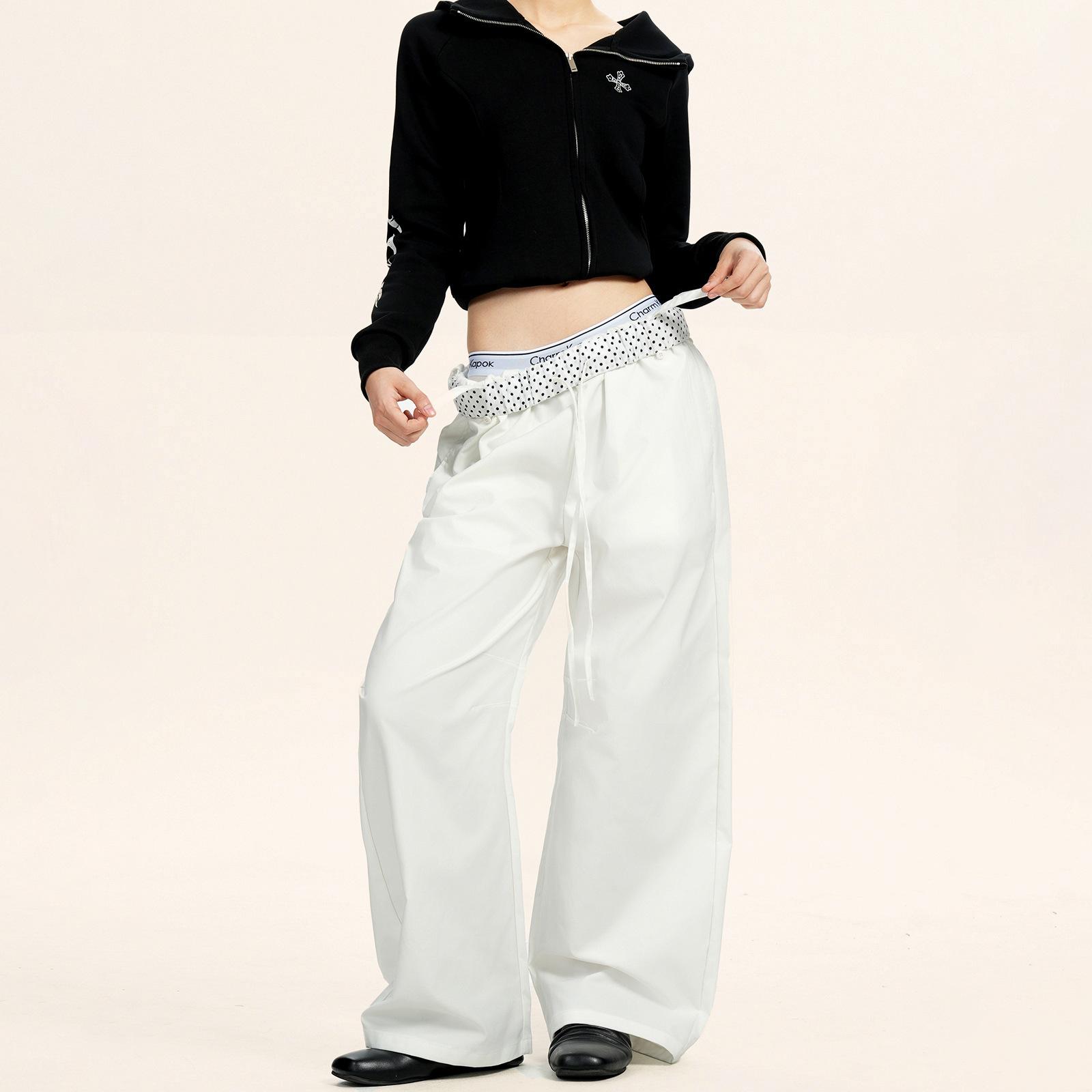 

Yongfang Unisex Black & White Polka Dot Wide Leg Elastic Waist Pants Large белый