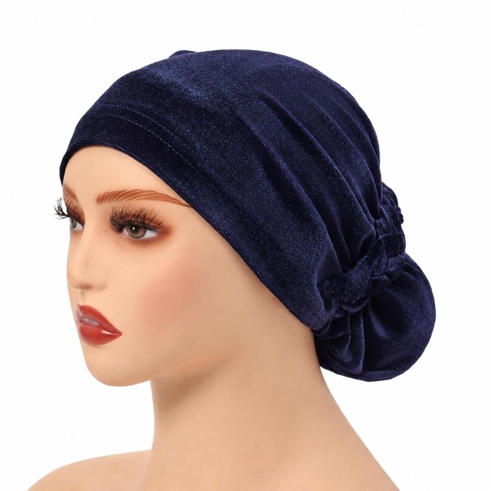 Plated Finish Velvet Turban Hat Solid Color Chemo Beanies Elegant Muslim Headscarf Cap for Women