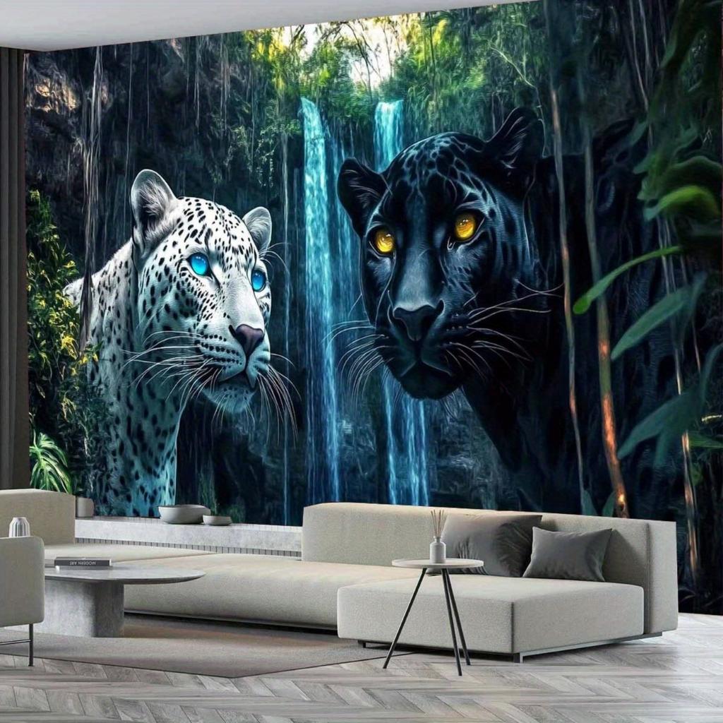 Tapiz de Pantera Blanca y Negra para Colgar en la Pared, Paisaje de Selva Boscosa con Cascada, Decoración de Arte Mural de Animales Genial para Sala de Estar