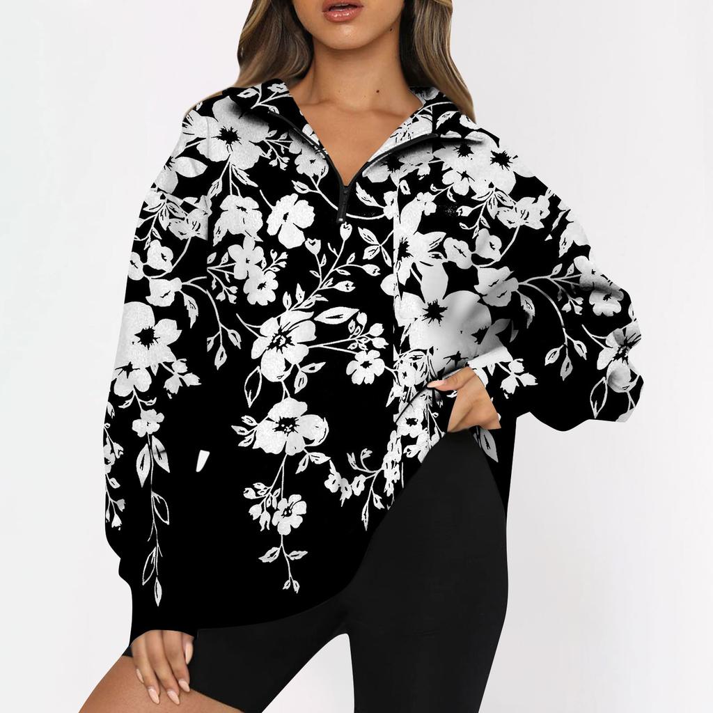 Top pentru damă, ocazional, cu mânecă lungă, cu imprimeu de flori, cu fermoar supradimensionat
