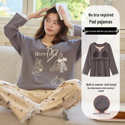 Damen Langarm Pyjama Set mit BH-Polster - Niedlicher Cartoon-Stil für Frühling und Herbst 2025