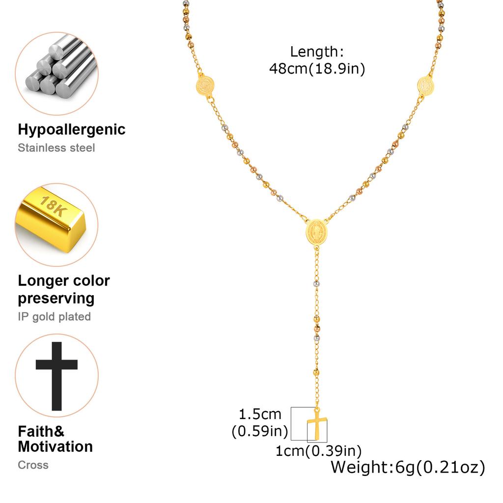 Vnox Stainless Steel Three Colors Beads Necklace Religion Saint Benedict Virgin Mary Necklaces Long Chain Collier Jewelry
