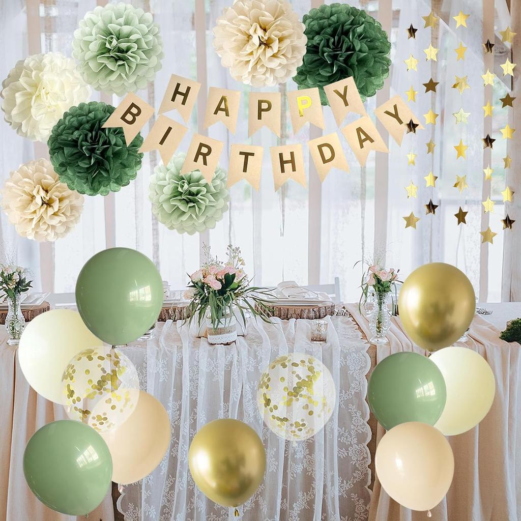 ANSOMO Sage Green Happy Birthday Party Decorations Retro Green Nude Ivory Dark Olive Kraft Paper Banner Balloons Neutral Rustic Boho Blush Safari