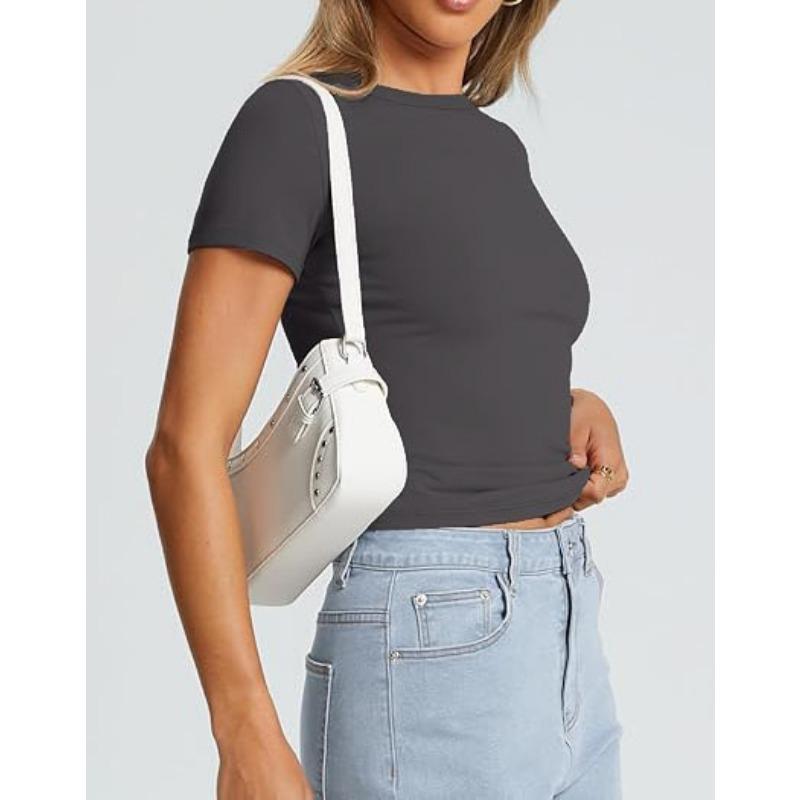 DAFIFY Women's Fashion Casual Summer Spring Solid Color Print Short Sleeve O-Neck Blouses & Shirts