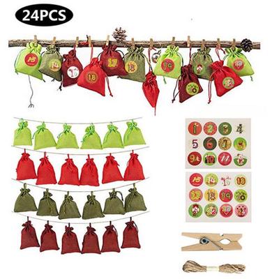 24 PCS Christmas Calendar Countdown Bag Candy Chocolate Sack Linen Storage Pouch