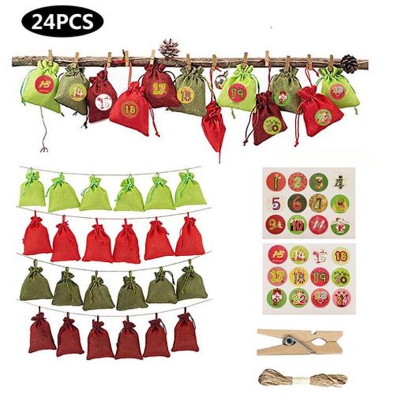 24 PCS Christmas Calendar Countdown Bag Candy Chocolate Sack Linen Storage Pouch
