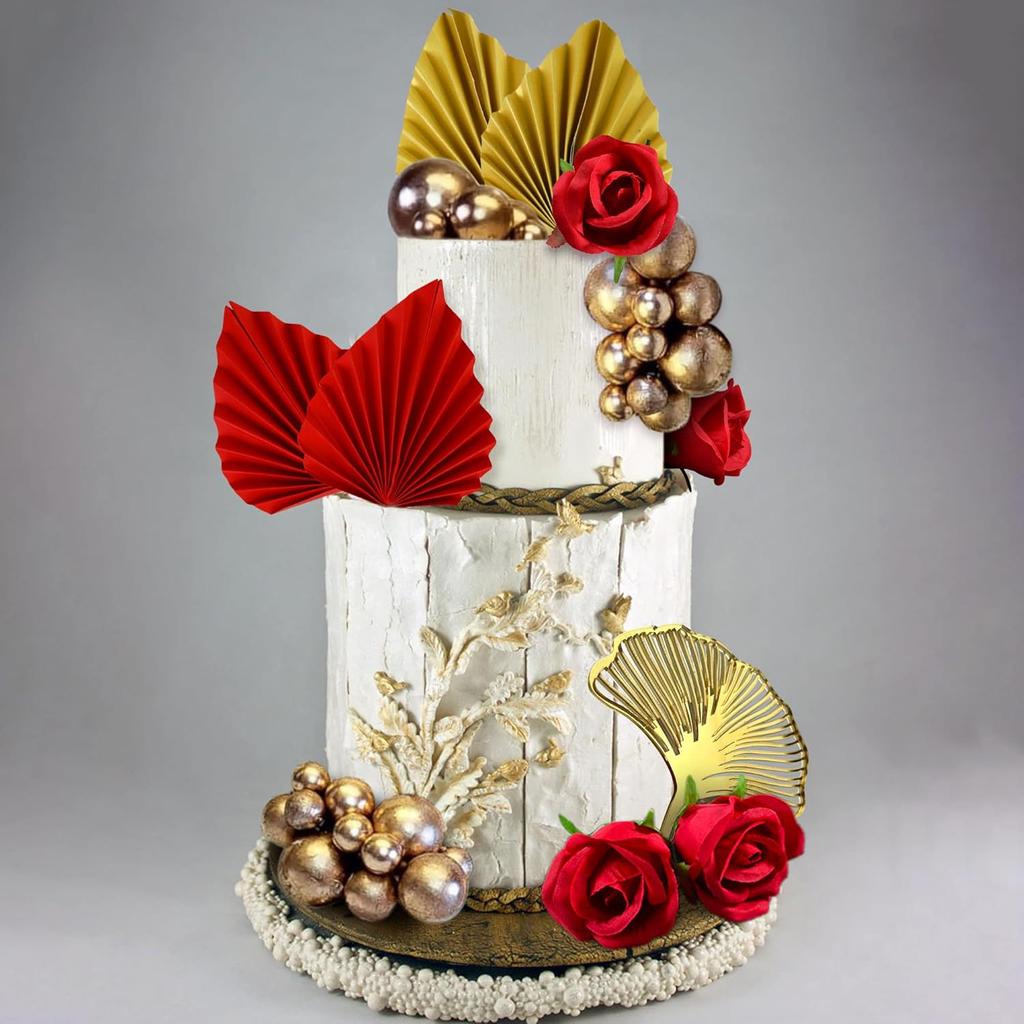 21 PCS Red Rose Cake Decoration Queen Birthday Cake Decoration Ginkgo Palm Leaves Cake Decoration for Wedding Birthday Party