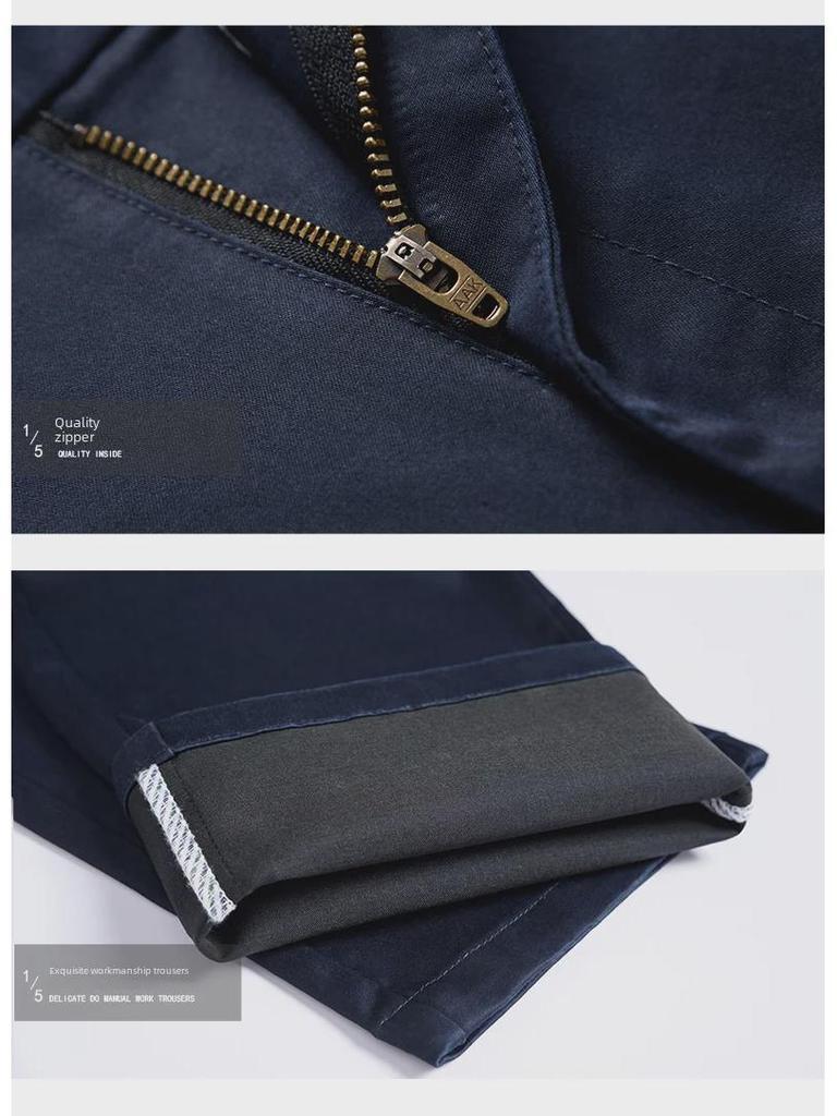 Męskie spodnie bawełniane na jesień z prostymi nogawkami, elastyczne, niegniotące się, naturalnie układające się, idealne do codziennych, biznesowych stylizacji w średnim wieku